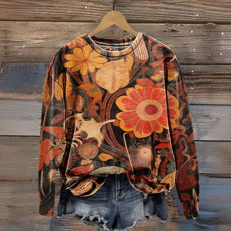Vintage Floral Art Print Casual Crewneck Sweatshirt - Orange - 5XL - image 1