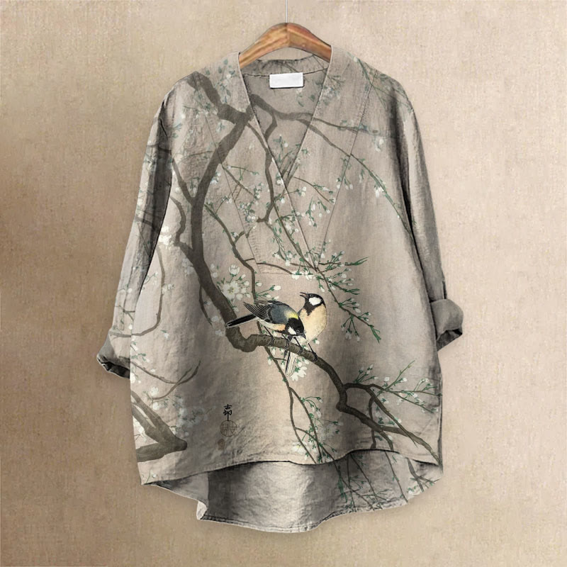Women's Lovely Lark On Pear Tree Art Printed Casual V-neck Blouse - Khaki - 6XL - image 1