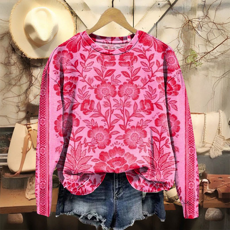 Vintage Floral Art Print Casual Crewneck Sweatshirt - Dark Pink - 5XL - image 1