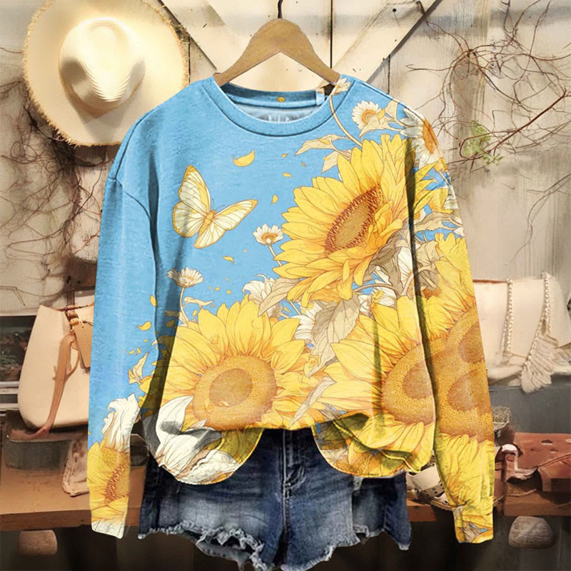 Butterfly Sunflower Art Print Casual Crewneck Sweatshirt - Yellow - 5XL - image 1