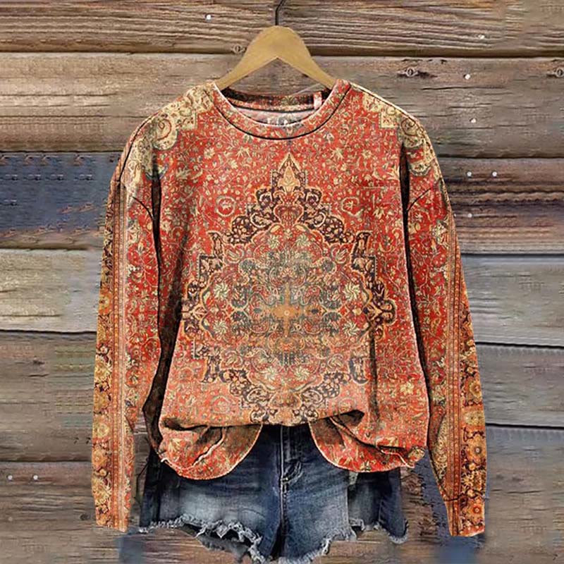 Women's Retro Ethnic Pattern Print Casual Crewneck Sweatshirt - Red - 5XL - image 1