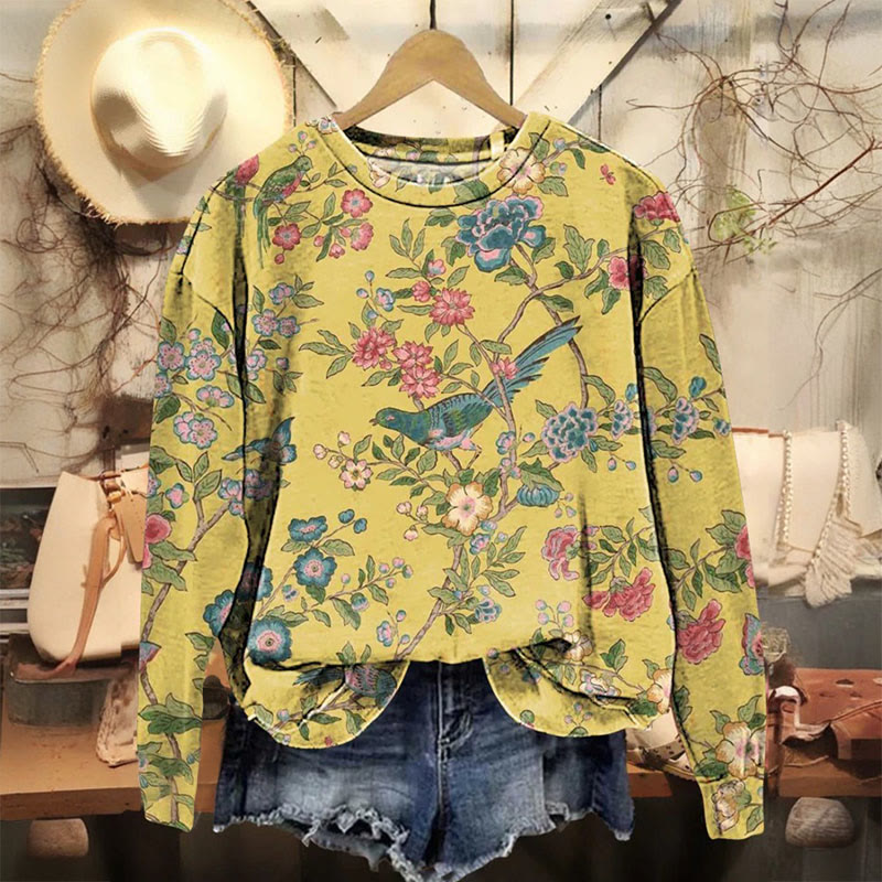Vintage Floral And Bird Print Casual Crewneck Sweatshirt - Multicolor - 5XL - image 1