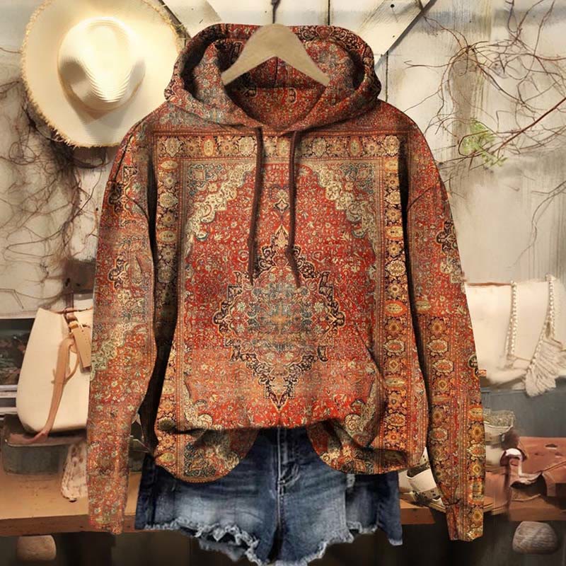 Women's Retro Ethnic Pattern Print Casual Long Sleeve Hoodie - Red - 8XL - image 1