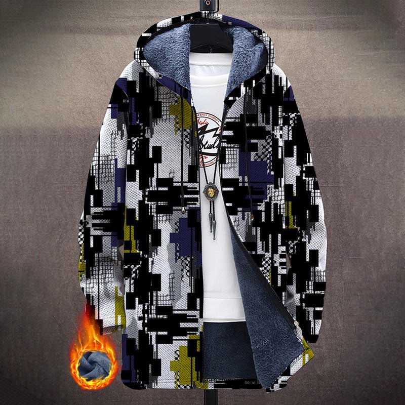 Abstract Geometric Pattern Print Unisex Plush Thick Long-sleeved Fleece Jacket Coat - Black - 5XL - image 1