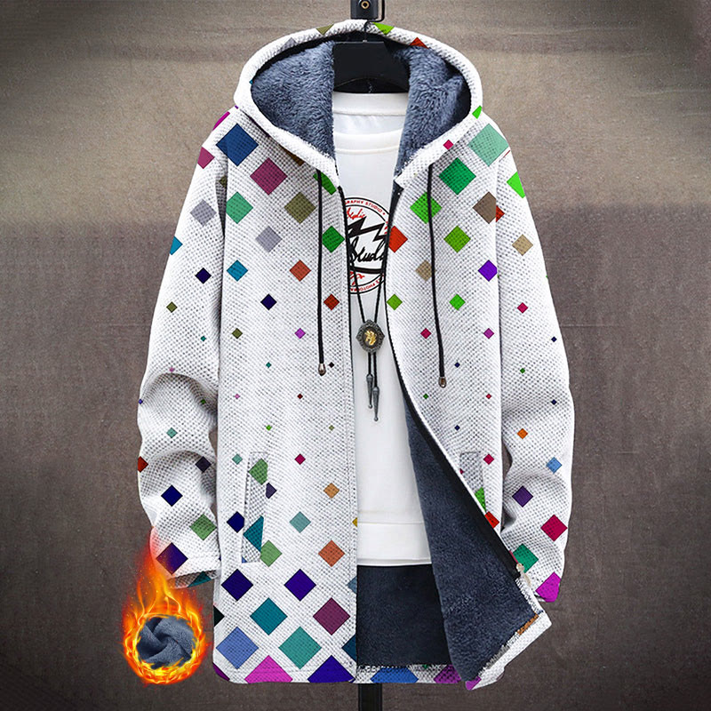 Colorful Square Pattern Print Unisex Plush Thick Long-sleeved Fleece Jacket Coat - White - 5XL - image 1