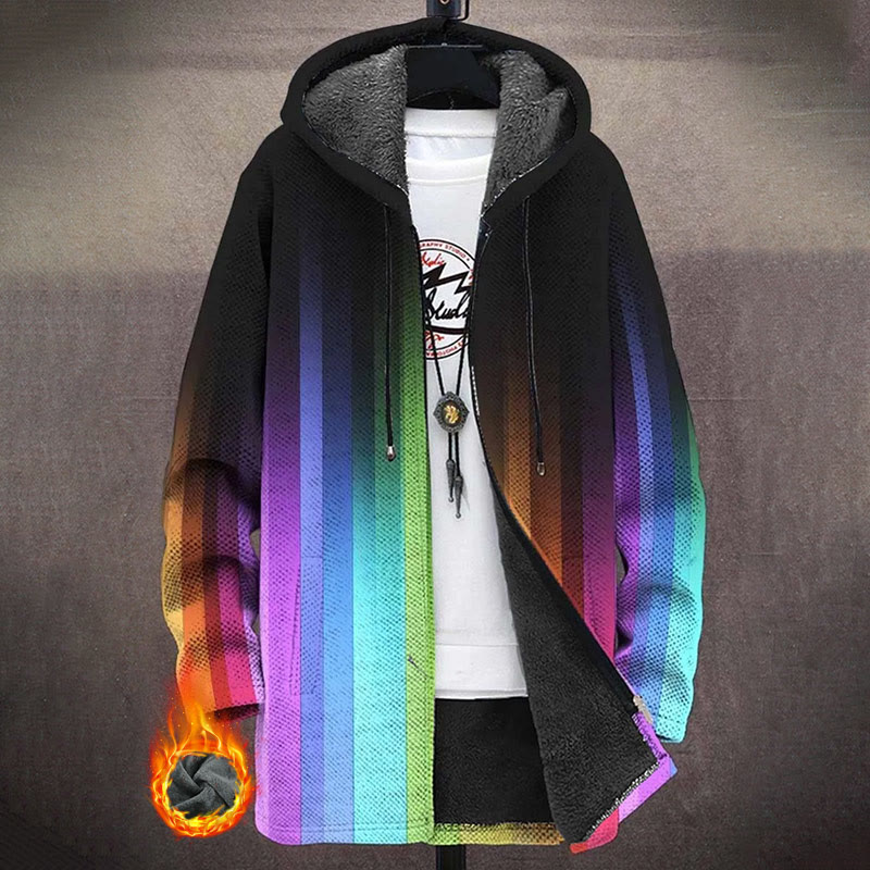Gradient Rainbow Stripes Print Unisex Plush Thick Long-sleeved Fleece Jacket Coat - Multicolor - 5XL - image 1