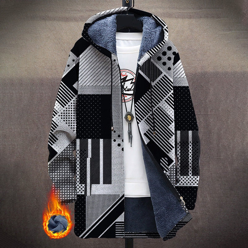 Gray, White And Black Geometric Pattern Print Unisex Plush Thick Long-sleeved Fleece Jacket Coat - Grey - 5XL - image 1