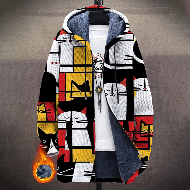 Medieval Color Block Background Cats Pattern Print Unisex Plush Thick Long-sleeved Fleece Jacket Coat - Multicolor - 5XL - image 1