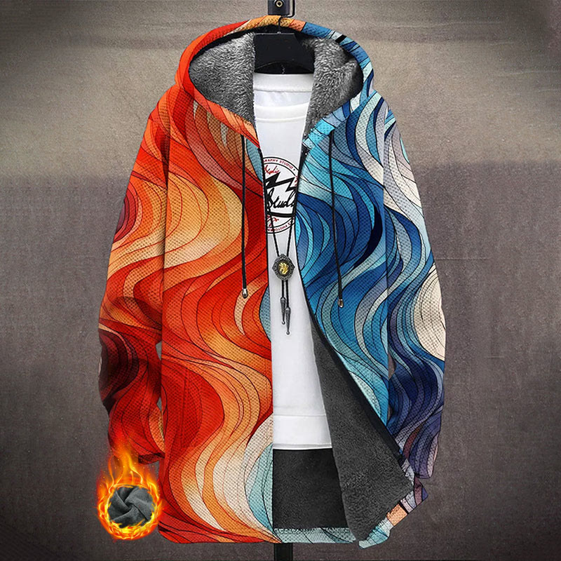 Orange And Blue Artistic Ocean Waves Pattern  Print Unisex Plush Thick Long-sleeved Fleece Jacket Coat - Orange - 5XL - image 1