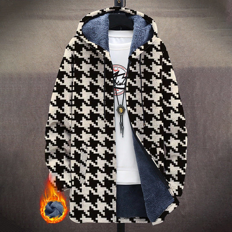 Vintage Classic Black And White Houndstooth Print Unisex Plush Thick Long-sleeved Fleece Jacket Coat - Black - 5XL - image 1