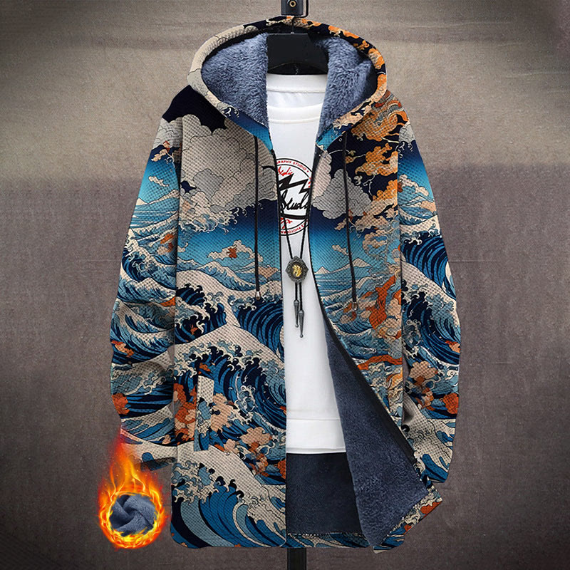 Classic Ukiyo-e Paintings Waves Print Unisex Plush Thick Long-sleeved Fleece Jacket Coat - Multicolor - 5XL - image 1