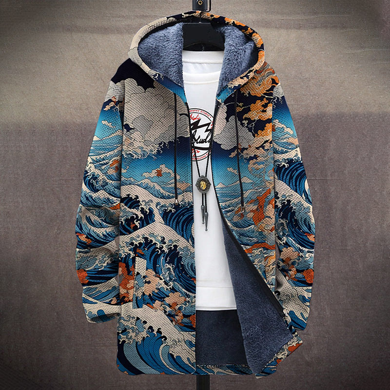 Classic Ukiyo-e Paintings Waves Print Unisex Plush Thick Long-sleeved Fleece Jacket Coat - image 2
