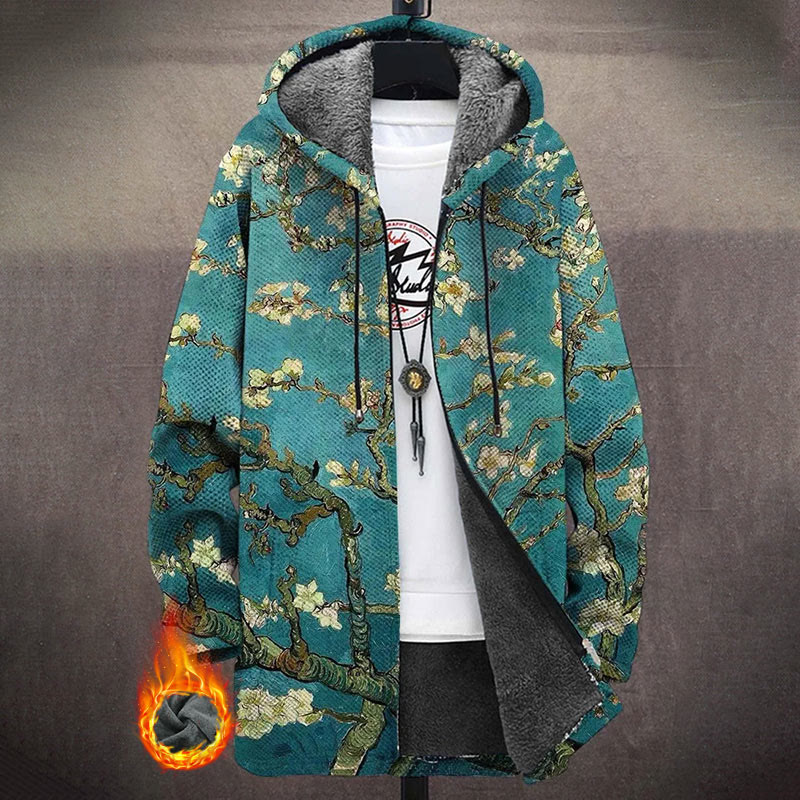 Cyan Retro Personalized Oil Painting Almond Blossoms Art Print Unisex Plush Thick Long-sleeved Fleece Jacket Coat - Green - 5XL - image 1