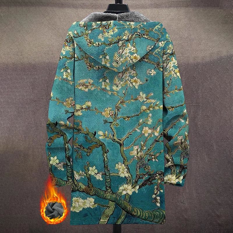 Cyan Retro Personalized Oil Painting Almond Blossoms Art Print Unisex Plush Thick Long-sleeved Fleece Jacket Coat - image 3