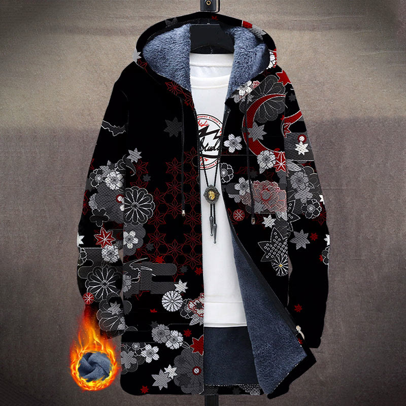 Japanese Retro Floral Pattern Print Unisex Plush Thick Long-sleeved Fleece Jacket Coat - Black - 5XL - image 1
