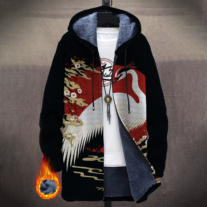 Mysterious Oriental Crane Totem Print Unisex Plush Thick Long-sleeved Fleece Jacket Coat - Black - 5XL - image 1