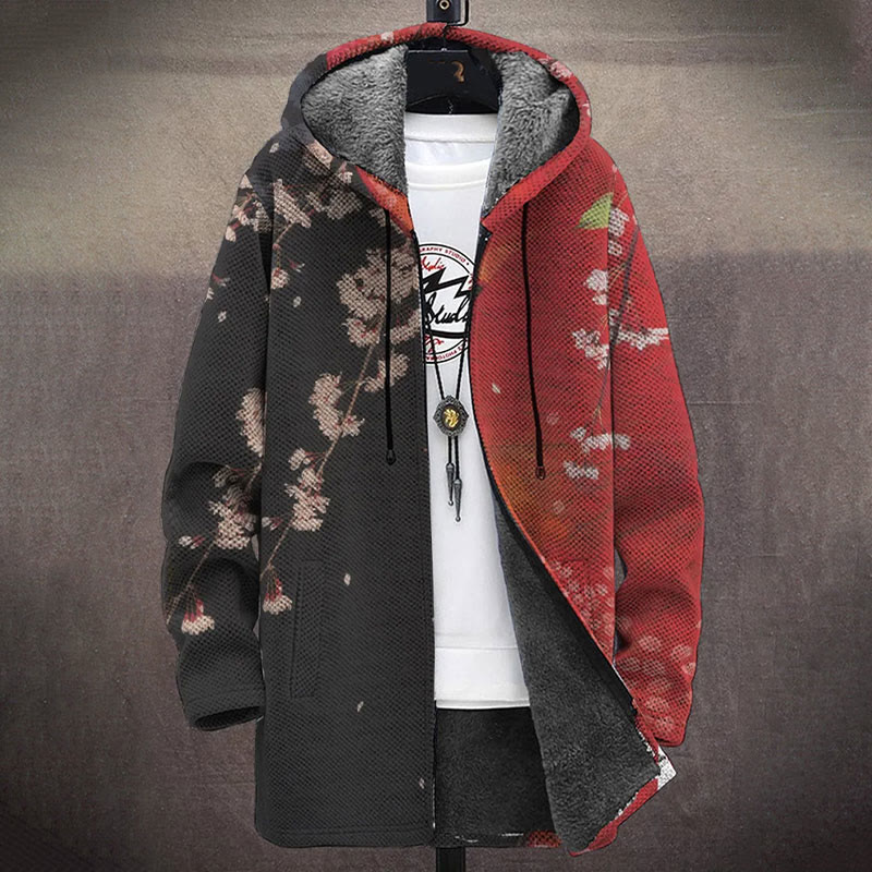 Retro Japanese Style Red And Black Splicing Floral Art Print Unisex Plush Thick Long-sleeved Fleece Jacket Coat - image 2