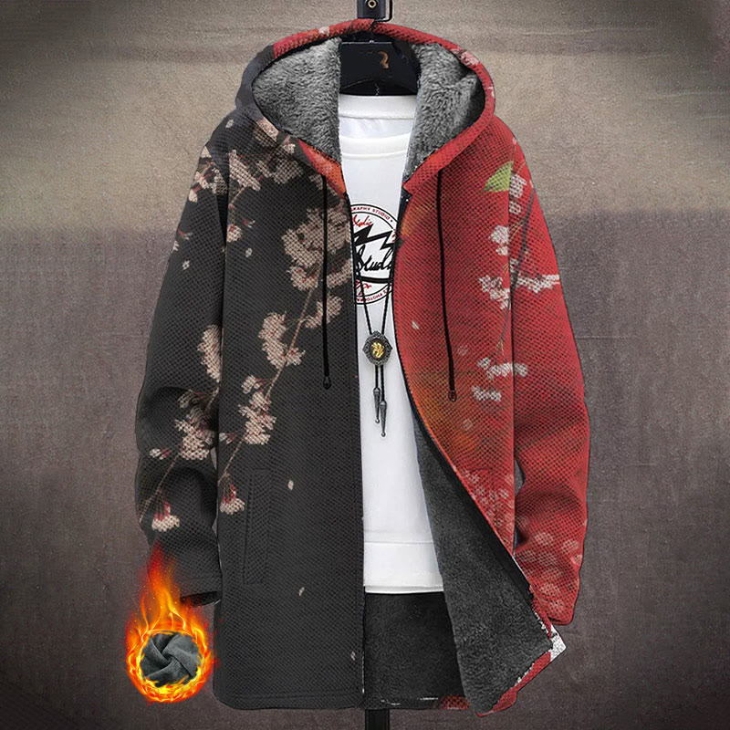 Retro Japanese Style Red And Black Splicing Floral Art Print Unisex Plush Thick Long-sleeved Fleece Jacket Coat - Red - 5XL - image 1