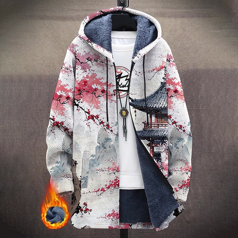 Retro Japanese Sakura Art Print Unisex Plush Thick Long-sleeved Fleece Jacket Coat - White - 5XL - image 1