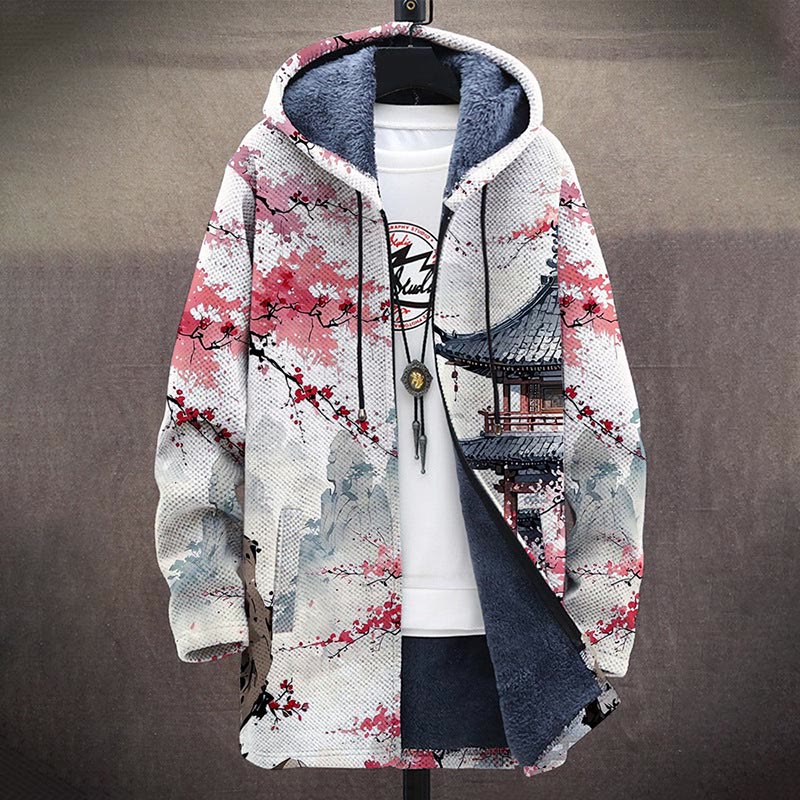 Retro Japanese Sakura Art Print Unisex Plush Thick Long-sleeved Fleece Jacket Coat - image 2