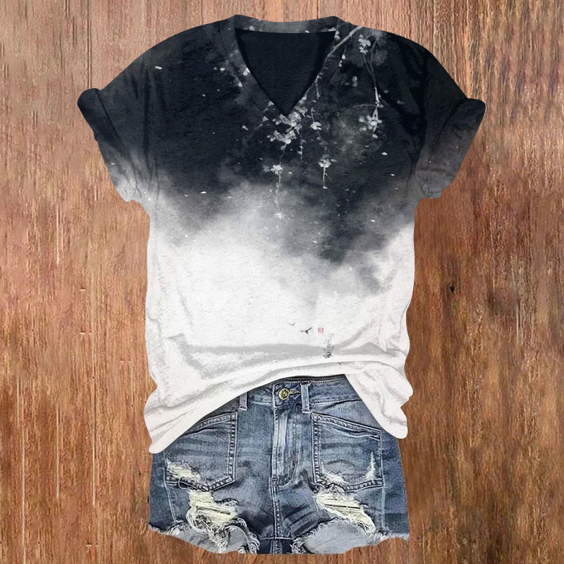 Retro Ink Sfumato Art Floral Silhouette Print V-neck T-shirt - Black - 5XL - image 1