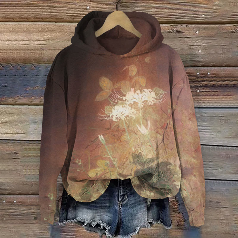Vintage Red Spider Lily Art Print Long Sleeve Hoodie - Brown - 8XL - image 1