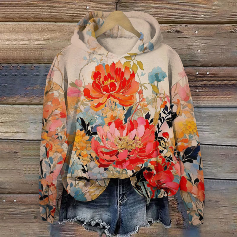 Vintage Ornate Floral Print Long Sleeve Hoodie - Multicolor - 8XL - image 1