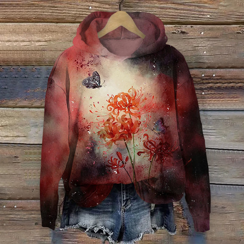 Vintage Red Spider Lily Butterfly Art Print Long Sleeve Hoodie - Red - 8XL - image 1