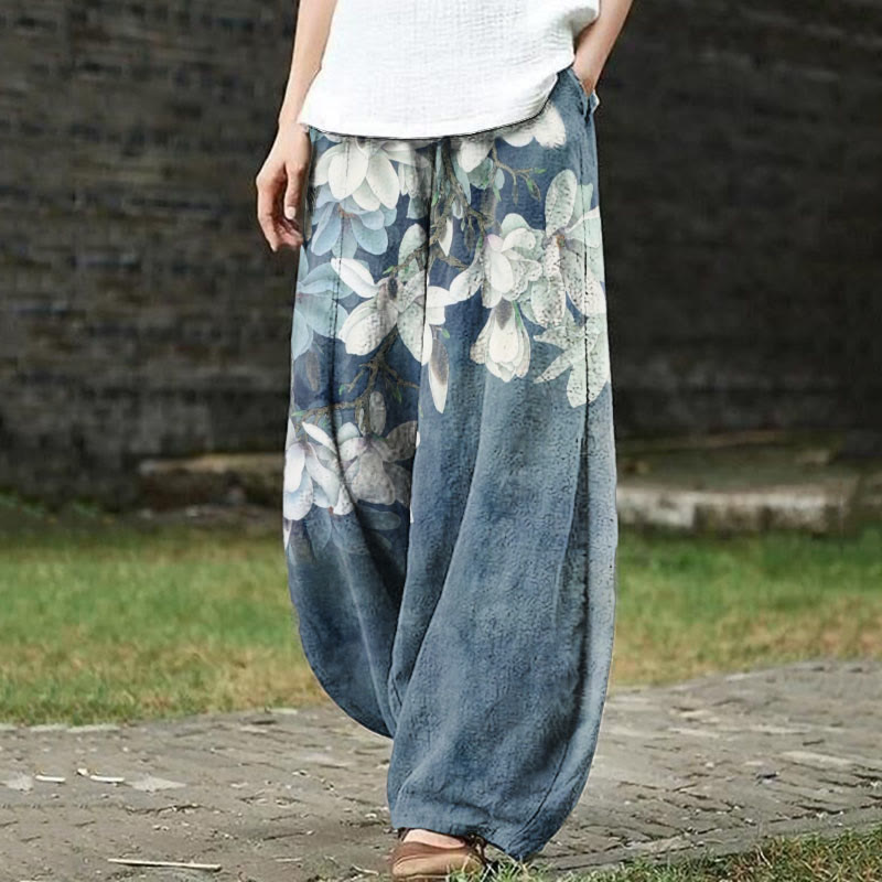 Vintage Floral Watercolor Art Print Casual Pants - Blue - 5XL - image 1