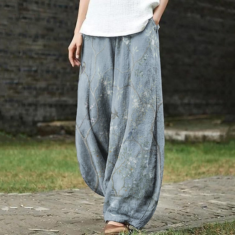 Vintage Floral And Bird Watercolor Art Print Casual Pants - Blue - 5XL - image 1