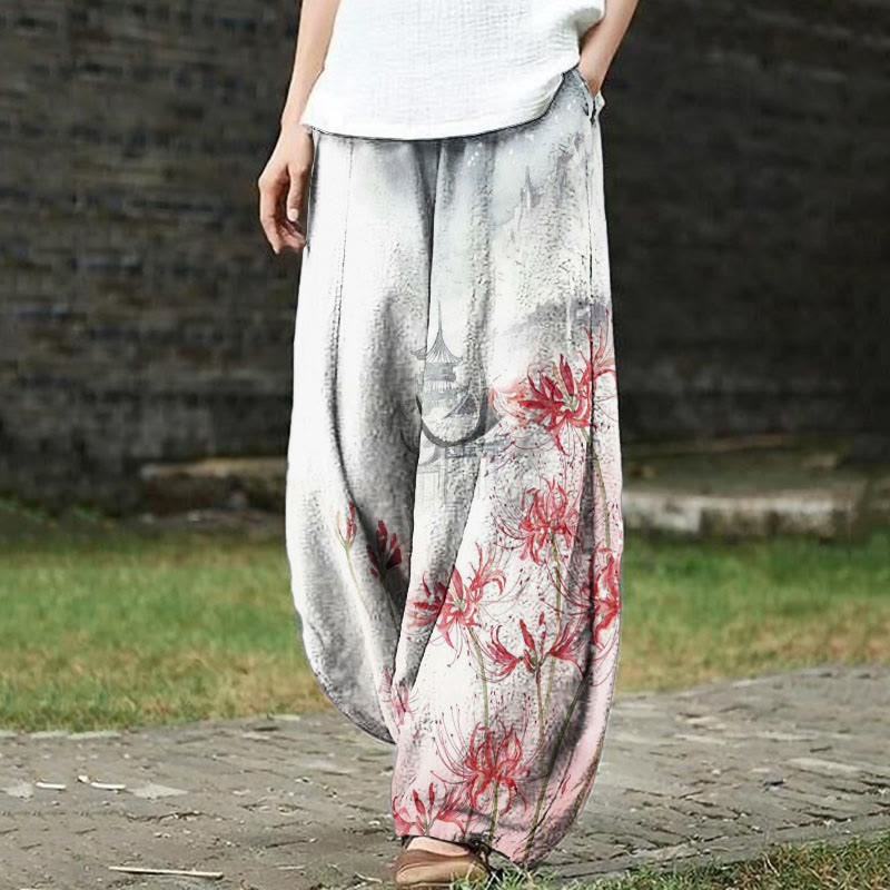 Vintage Red Spider Lily Landscape Ink Painting Art Print Casual Pants - White - 5XL - image 1