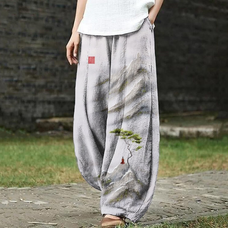 Retro Practice Under Pine Trees Landscape Ink Painting Art Print Casual Pants - Light Gray - 5XL - image 1