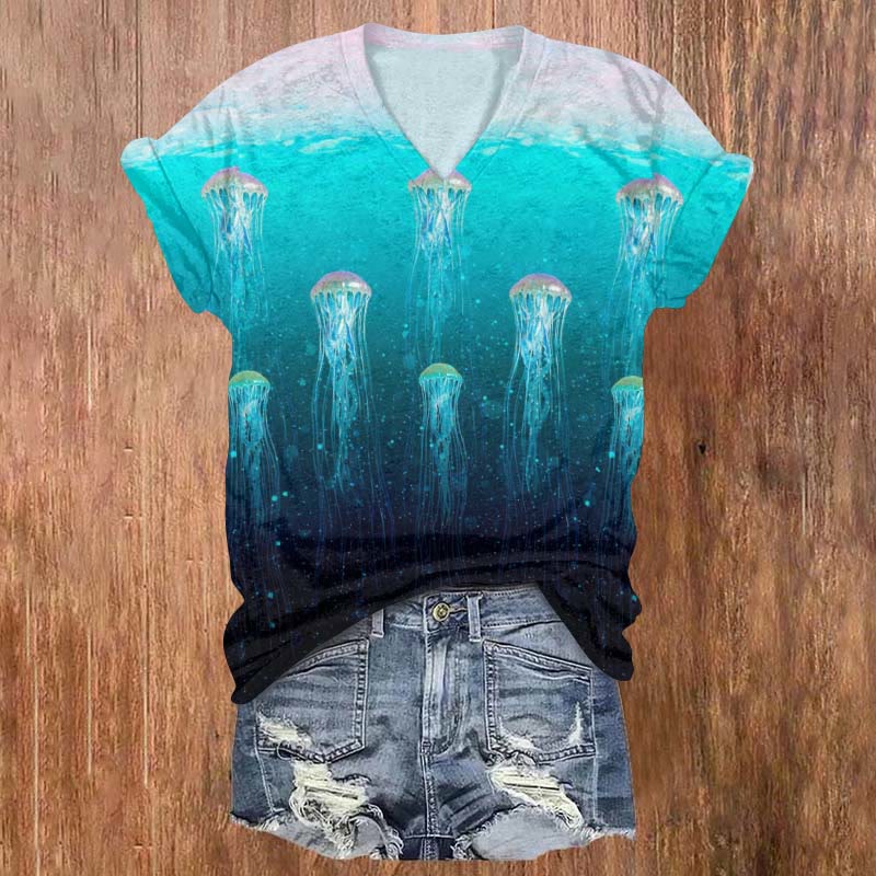 Ombre Jellyfish Art Print V-neck T-shirt - Lake Blue - 5XL - image 1
