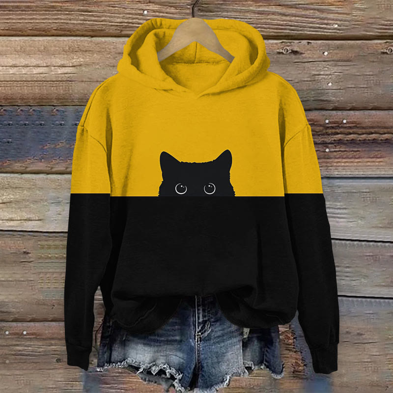 Women's Japanese Funny Black Cat Sticking Out Head Print Long Sleeve Hoodie - Yellow - 8XL - image 1