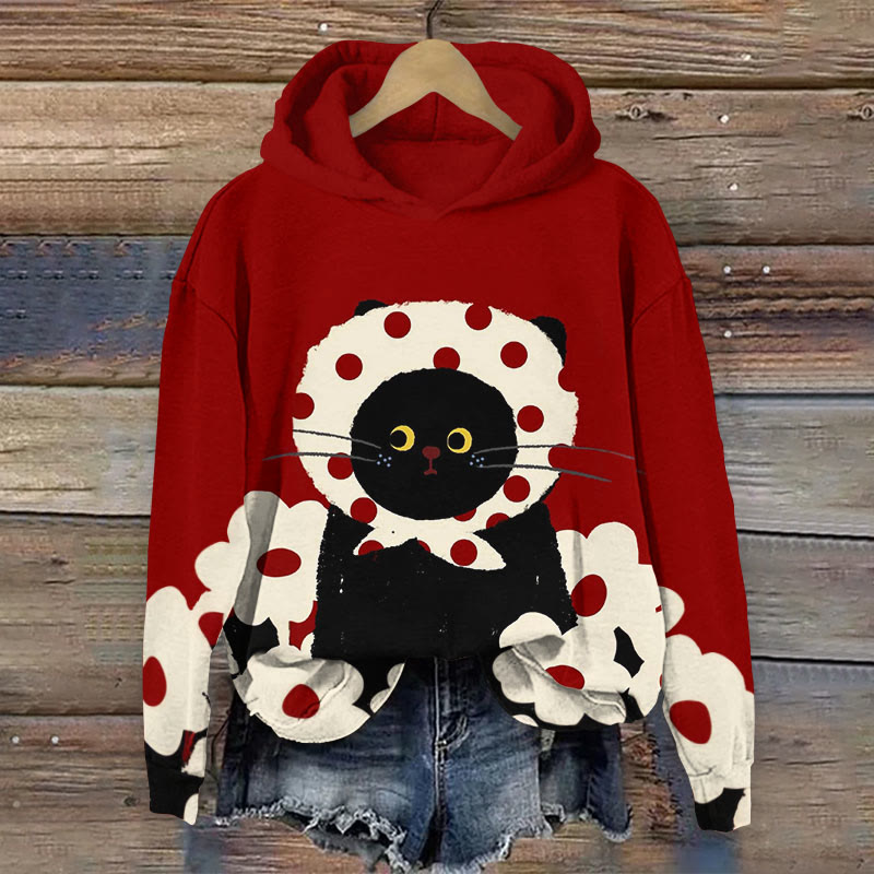 Women's Japanese Lovely Headscarf Floral Cat Print Long Sleeve Hoodie - Red - 8XL - image 1