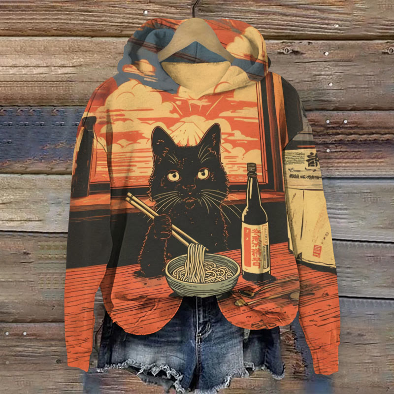 Women's Japanese Twilight Cat Eating Noodle Print Long Sleeve Hoodie - Multicolor - 8XL - image 1