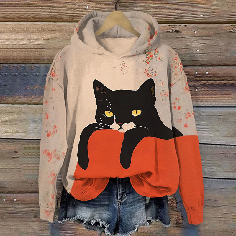 Women's Japanese Leisurely Lying Cartoon Cat Print Long Sleeve Hoodie - Multicolor - 8XL - image 1