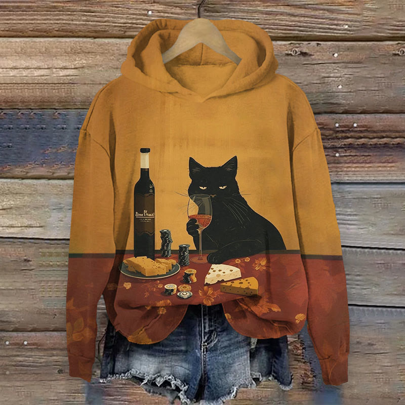 Women's Japanese Creative Dinner Wine Cat Print Long Sleeve Hoodie - Yellow - 8XL - image 1