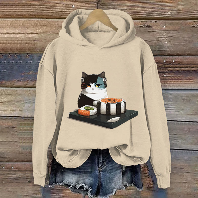 Women's Japanese Lovely Sushi Kitten Print Long Sleeve Hoodie - Apricot - 8XL - image 1