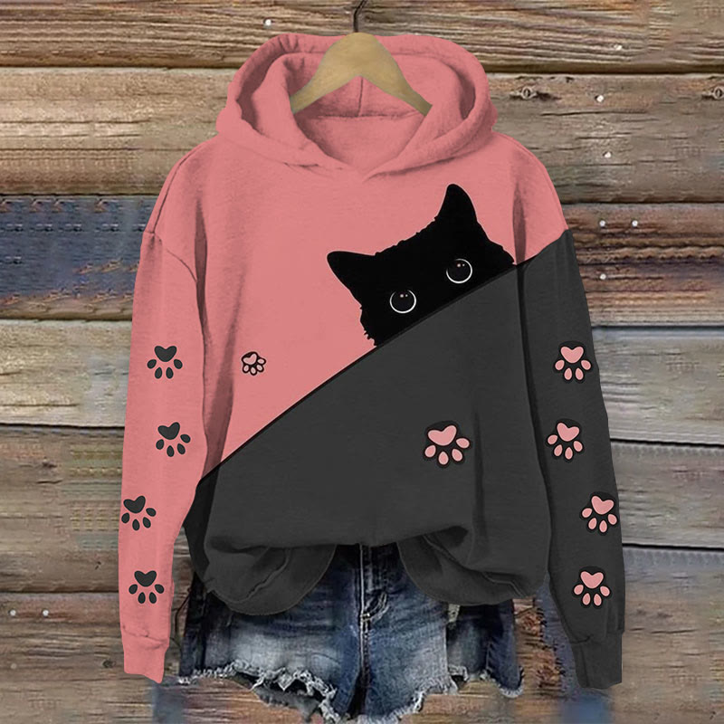 Women's Japanese Funny Peeping Cat Footprint Print Long Sleeve Hoodie - Pink - 8XL - image 1