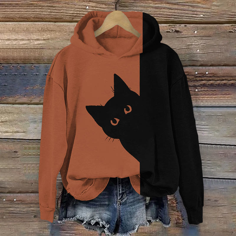 Women's Japanese Contrast Staring Black Cat Print Long Sleeve Hoodie - Caramel - 8XL - image 1