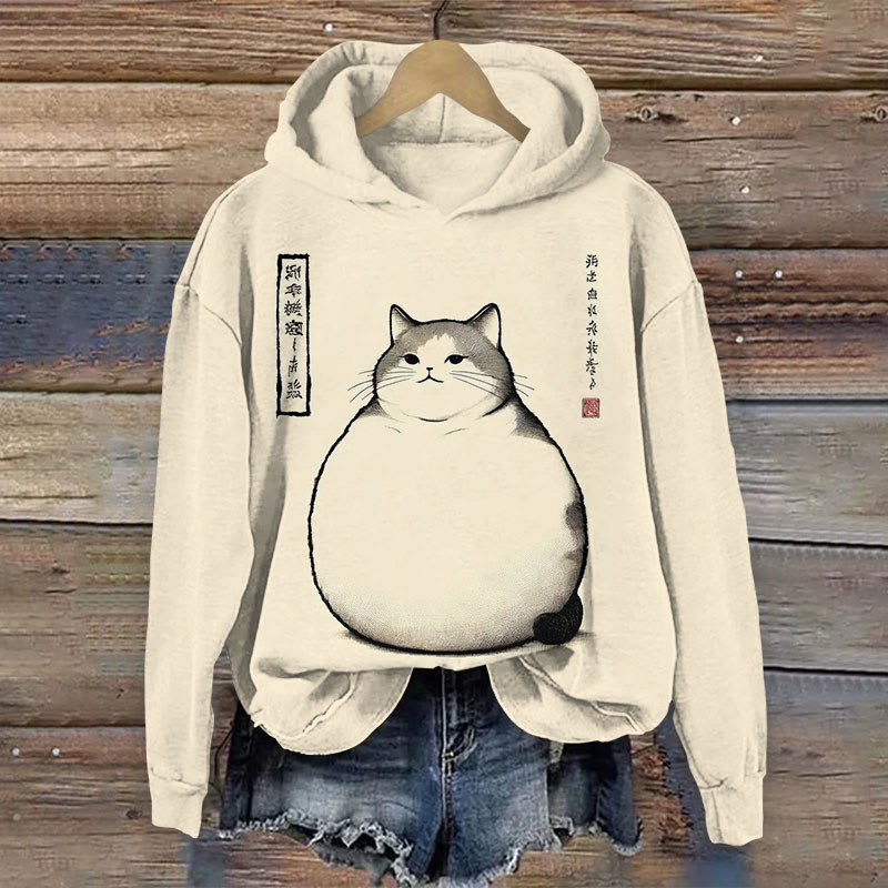 Women's Japanese Creative Tumbler Fat Cat Print Long Sleeve Hoodie - Apricot - 8XL - image 1