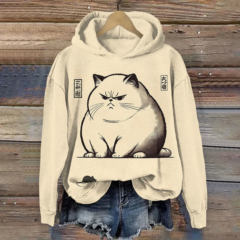 Women's Japanese Ink Watercolor Angry Obese Cat Print Long Sleeve Hoodie - Apricot - 8XL - image 1