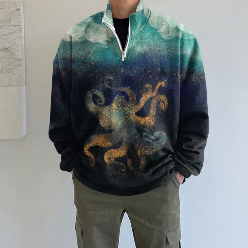 Ombre Deep Sea Metallic Octopus Art Print Long Sleeve Zipper Sweatshirt - Dark Blue - 5XL - image 1