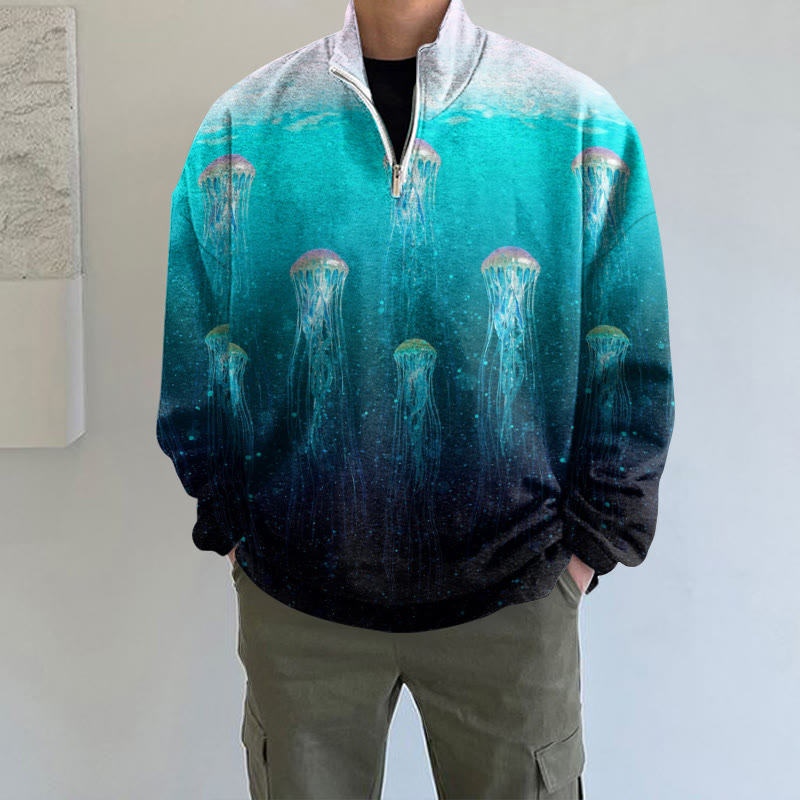 Ombre Jellyfish Art Print Long Sleeve Zipper Sweatshirt - Lake Blue - 5XL - image 1