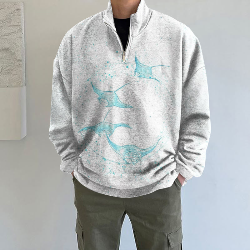 Ink Art Manta Ray Print Long Sleeve Zipper Sweatshirt - Light Gray - 5XL - image 1