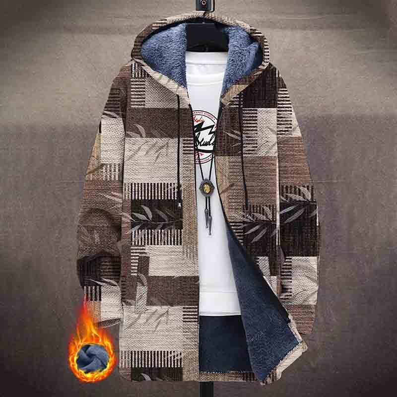 Brown Patchwork Leaves Pattern Print Unisex Plush Thick Long-sleeved Fleece Jacket Coat - Brown - 5XL - image 1