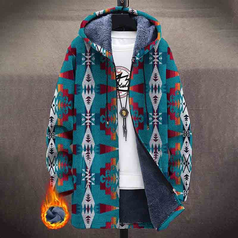Darkcyan Traditional Folk Geometric Pattern Print Unisex Plush Thick Long-sleeved Fleece Jacket Coat - Multicolor - 5XL - image 1