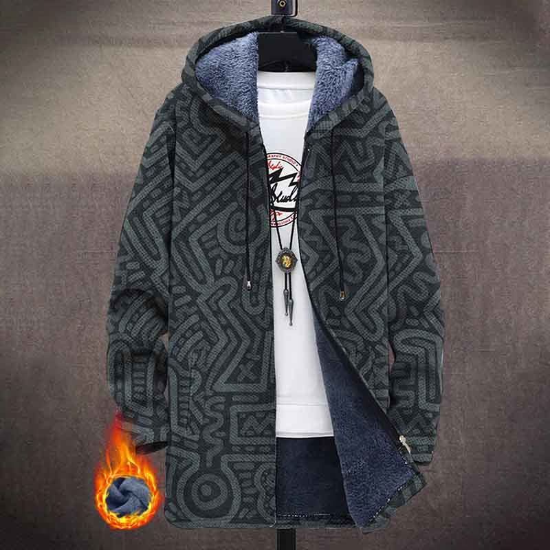 Ethnic Style Abstract Stripes Pattern Print Unisex Plush Thick Long-sleeved Fleece Jacket Coat - Grey - 5XL - image 1
