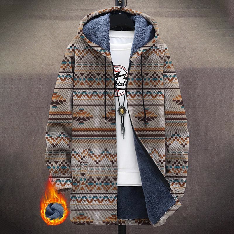 Retro Ethnic Geometry Pattern Print Unisex Plush Thick Long-sleeved Fleece Jacket Coat - Coffee - 5XL - image 1